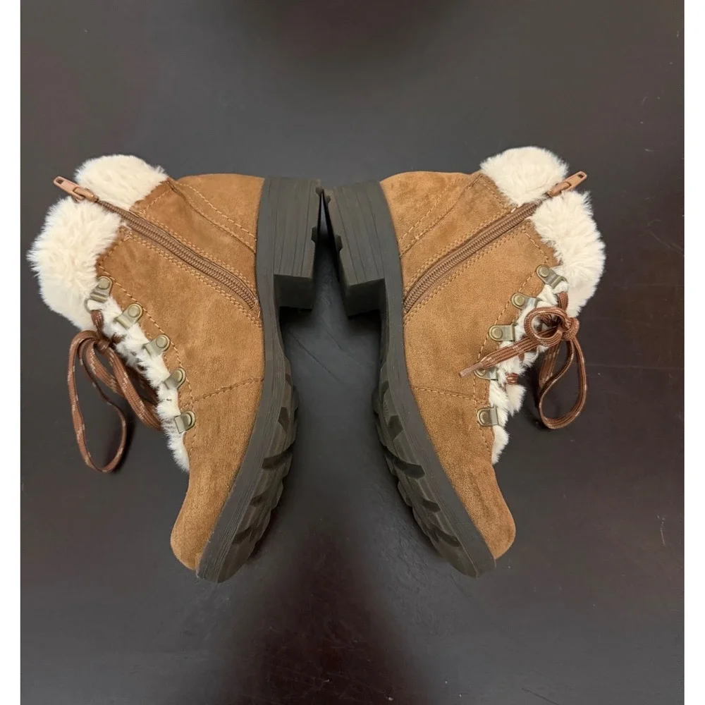 Earth Origins Remi Ankle Boots Brown Suede Women 7.5 Faux Fur Trim Lace Up Comfy